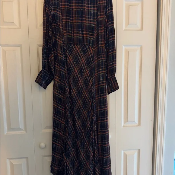 NATURAL LIFE Navy and Orange Plaid Long Sleeve Dress With Gold Thread (Rare) - Picture 2 of 7